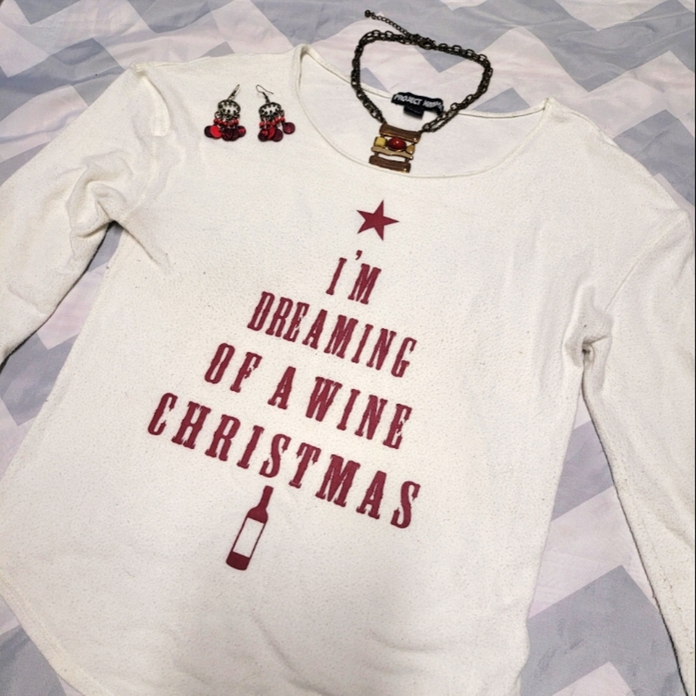 Funny Christmas wine sweater, earrings, and necklace